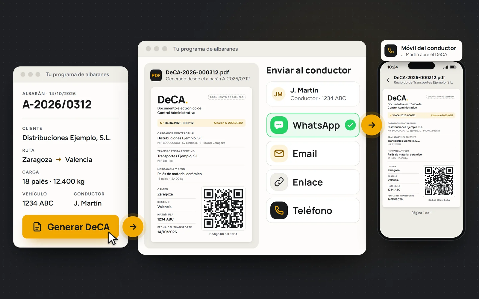 Albarán con botón «Generar DeCA», el DeCA con QR y opciones de envío (WhatsApp, Email, Enlace y Teléfono) y el móvil del conductor abriéndolo.